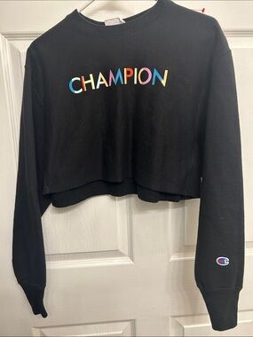 Champion Black Cropped Sweatshirt with Rainbow Lettering